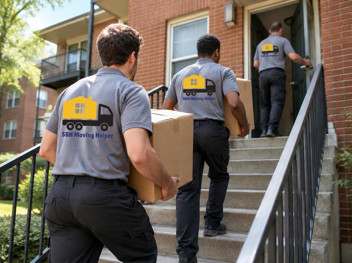 Movers carrying student moving boxes up an apartment stairway