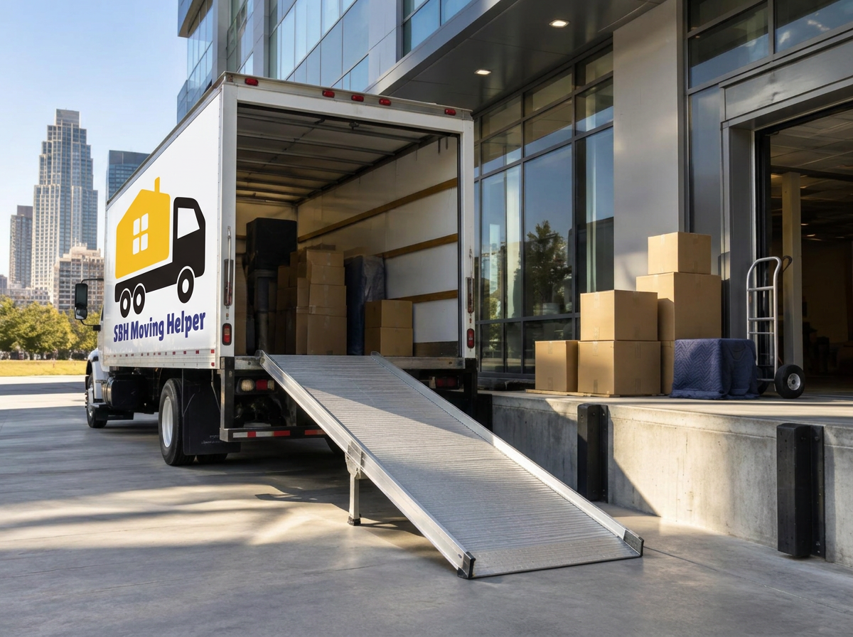 SBH Moving Helper truck loaded with boxes at a loading dock