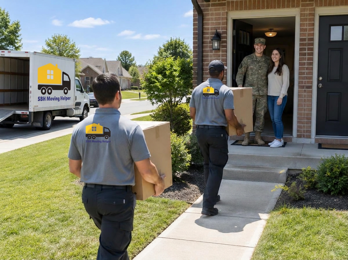 Movers carrying boxes to a military family's new home